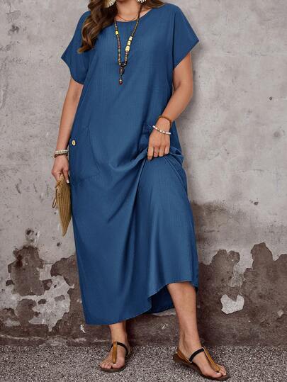 EMERY ROSE Plus Size Women's Spring Casual Vacation Round Neck Short Sleeve Pocket Dress,Plus Size Women's Casual Vacation Solid Color Blue Round Neck Short Sleeve Loose Fit Basic Dress With Pockets,, Summer Holiday,Spring Break Outfits ,Vacation Outfits Women ,Holiday Outfits For Women,Spring Dress Women,Going Out Outfits, New Clothes,Simple And Fashionable For Everyday Wear,Casual Vacation Boho Dress,Flowy Dress,Holiday Outfits Boho,Casual,Flowy Long Dress ,Suitable For Summer, Vacation, Commute, Daily Wear, Blue Summer Dress Women Casual Long Dress