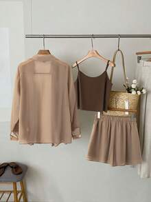 GlowEve Plus Size Woven Solid Color Regular Sunscreen Shirt, Knit Camisole And Loose Opaque Shorts 3-In-1 Casual Elegant Spring/Summer 2-Piece Set - Brown - View 2