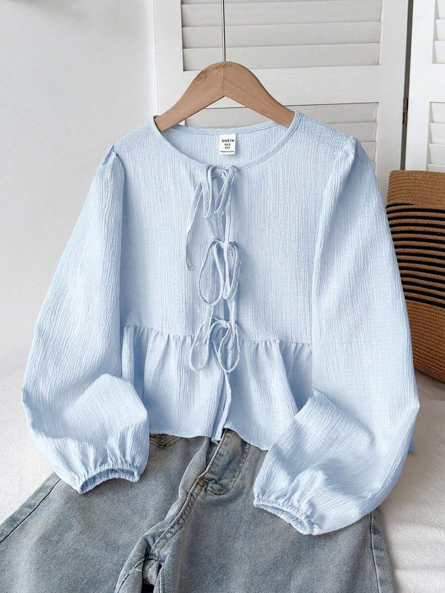 SHEIN 少女休闲简约舒适圆领长袖蝴蝶结纹理面料衬衫,返校季 - 藍色 - 查看 1