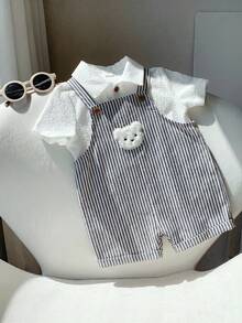 SHEIN 2件套男/女婴舒适休闲可爱白色短袖衬衫和条纹背带短裤套装，适合室内、室外、日常、运动、玩耍、派对、拍照、度假、春夏穿着。 - 彩色 - 查看 6