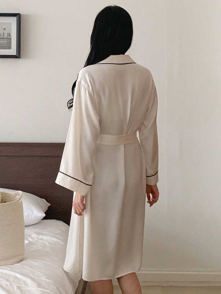 Elegant Contrast Color Trim Decor Loose Mid-Length Women Robe