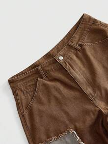 ROMWE MEN Street Life Men's Casual Fashion Street Style Distressed Patch Rivet Decor Loose Straight Leg Jeans - Brown - View 3