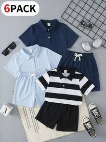 SHEIN 儿童/男童休闲日常百搭舒适条纹Polo衫和卡其色短裤套装，适合春夏季节日常穿着、运动、郊游、上学、聚会、节日、拍照等场合。 - 彩色 - 查看 2
