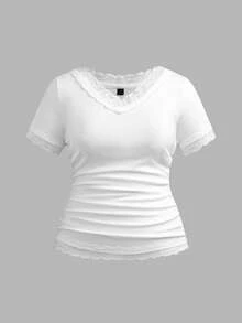 Slaydiva Áo thun nữ cỡ lớn thời trang đa năng viền ren - trắng - Xem 6