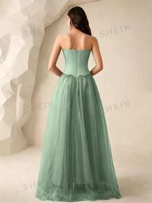 Coutiva Women's Rhinestone Embellished Mesh Patchwork Maxi Formal Gown (Heavily Embellished) - Green - View 2
