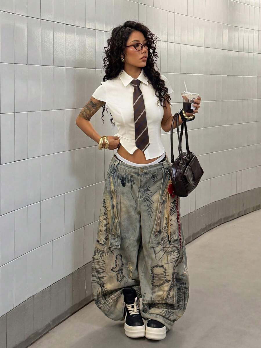 StreetHx 女士千禧年风格Y2K服装,黑色休闲街头服饰,修身纯色领带装饰设计衬衫 - 杏色 - 查看 1