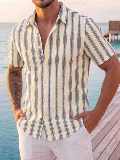 VIVINTIMO Camisa de manga corta con estampado de rayas para hombres, adecuada para uso diario