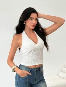 SHEIN Weißes tief ausgeschnittenes rückenfreies Crop Top, Damen Sommer figurbetontes Jacquard-Strick-Trägertop, geeignet für den täglichen Gebrauch, Dates, Nachmittagstee, Treffen mit Freunden, vielseitige Anlässe, Urlaub - Weiss - Übersicht 4