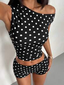 SHEIN PETITE Conjunto de 2 piezas de top con cuello asimétrico y shorts con estampado de lunares negros para mujer - Blanco y Negro - Ver 5