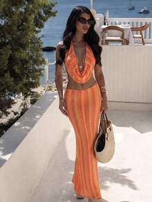 Bonvoyette Ținută de plajă pentru femei, material tricotat texturat, design cu decolteu drapat în V adânc, decor metalic, fustă maxi bodycon, elegantă, casual, sexy, de resort, set de costume de baie din 3 piese pentru femei - Portocale - Vizualizare 1