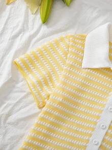 SHEIN Tween Girl Embellished Starfish Striped Polo Neck Romper - Yellow - View 7
