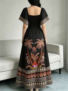 Vestido bohemio vintage con estampado floral para mujer, escote cuadrado, mangas abullonadas, dobladillo con volantes - Multicolor 3 - Ver 9
