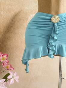Soleia Women's Solid Color Metal Shell Decor Halter Tie Top And Mini Skirt Sexy Tropical Vacation Outfit Beach Teal - Teal Blue - View 5