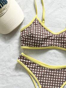 Swim Mod Bộ bikini đồ bơi nữ, họa tiết kẻ caro retro chấm bi, áo ngực tích hợp, thích hợp cho kỳ nghỉ phong cách Boho, Bohemian, trang phục tập gym, phong cách Y2K cổ điển, giản dị, dễ thương, ngọt ngào, retro, đồ bơi nữ mùa xuân hè, trang phục đi biển, trang phục thời trang, trang phục ngày Quốc khánh 4 tháng 7, đồ đi biển. - màu nâu - Xem 6