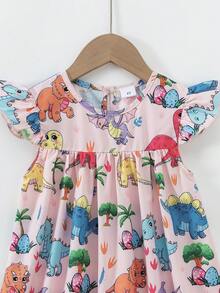 Elladie kids 小女孩卡通恐龙印花可爱连衣裙 - 粉色 - 查看 7