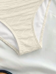 SHEIN 少女蓝白度假碎花侧边蝴蝶结装饰休闲连体泳衣带罩裙 - 卡其色 - 查看 3