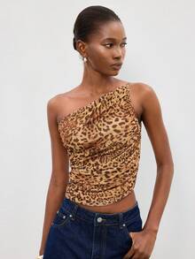 Maija Áo tank top nữ dây đeo bất đối xứng họa tiết da báo, phong cách đô thị tối giản. - màu nâu - Xem 6