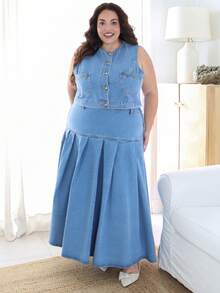 Pretty and Ole 大尺碼女款單排扣背心與百褶中長裙休閒牛仔套裝 冬季女裝聖誕新年套裝 夏季 - 中等水洗藍 - 查看 1