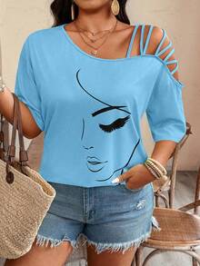 Weeklong Plus Size Asymmetric Strap Portrait Print Short Sleeve T-Shirt - Mint Blue - View 6