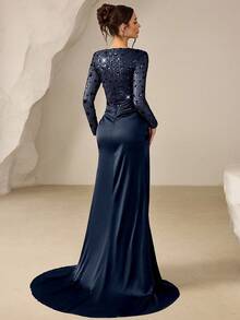 Coutiva Đầm dạ hội nữ thanh lịch đính sequin, phối nhiều mảnh, vạt trước xoắn, đuôi cá. - Màu xanh hải quân - Xem 2