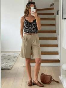 SHEIN LUNE Camiseta de tirantes con cuello en V, estampado de leopardo y encaje en contraste, versátil y de moda, adecuada para el verano - Multicolor - Ver 9