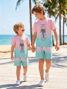 SHEIN Explorewe 男童棕榈树印花短袖T恤和短裤休闲两件套 - 粉色 - 查看 4