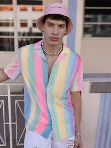 Manfinity Homme Men's Colorful Striped Short Sleeve Casual Vacation Shirt - Multicolor - View 5