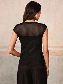 Anewsta Blusa de mujer de verano nueva con parches de malla y tejido de punto, conjunto sexy y elegante - Negro - Ver 7