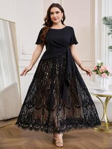 Levarali Gaun Elegan Lengan Pendek dengan Detail Renda Kontras untuk Wanita Ukuran Plus, Warna Hitam untuk Pernikahan, Makan Malam, dan Acara Formal Musim Panas. - MultiWarna - View 9
