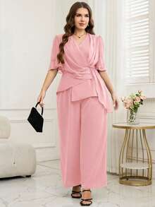 SHEIN Clasi Bộ đồ 2 món dành cho nữ cỡ lớn: Áo sơ mi ngắn tay xếp ly màu trơn và quần ống rộng. - Hồng - Xem 5