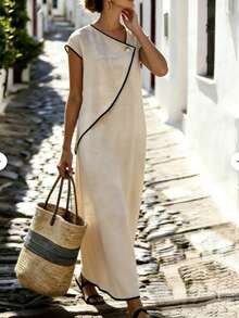 EMERY ROSE Women's Black And White Stripe Color Block Trim Maxi Casual Minimalist Dress, Comfortable For Summer Holiday Holiday Vacation - Apricot - View 6