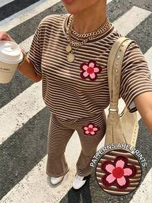 Teenage Girls'cute Brown Summer Back-To-School Holiday Stripe Short Sleeve Round Neck T-Shirt & Floral Print Pants Set,Khaki Casual Daily Wear - Multicolor - View 5