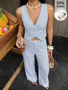SHEIN EZwear Bộ vest và quần dài cài một nút dành cho nữ, màu trơn, thích hợp cho mùa thu/đông. - Xanh và trắng - Xem 1