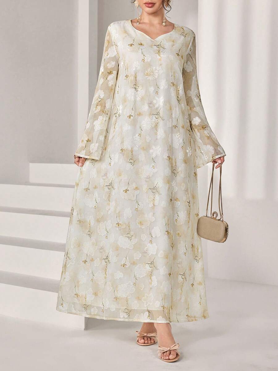 Yasmyna Loose Elegant Long Sleeve Flared Dress For Women - White - View 1