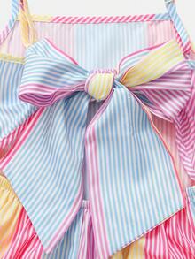 Vestido de tirantes con volantes y lazo en la espalda con rayas de colores para niñas preadolescentes, vestido de vacaciones para verano y playa - Multicolor - Ver 3