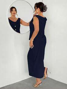 Firerie Conjunto de 2 piezas elegante con top de escote pronunciado y diseño de botones y falda midi para mujer de talla grande - Azul Marino - Ver 2