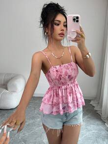 Elenzga Women's Casual Vacation Chiffon Butterfly Print Asymmetric Layered Camisole, Summer Tank Top - Pink - View 3