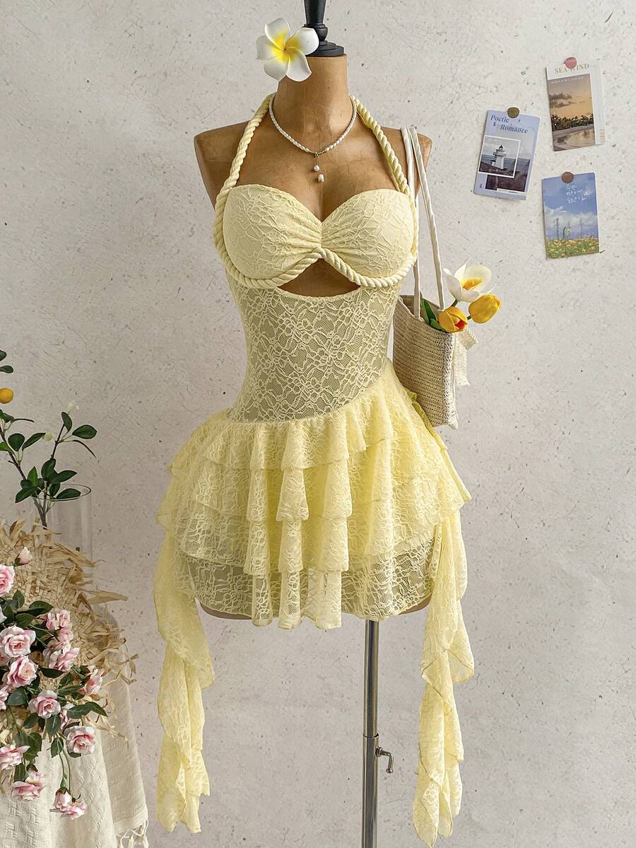 Soleia Đầm nữ mùa xuân hè kiểu dáng thường ngày, màu vàng nhạt, chất liệu móc len, cổ yếm, hở lưng, viền bèo nhún, gợi cảm, khoét lỗ. - Butter Yellow - Xem 1