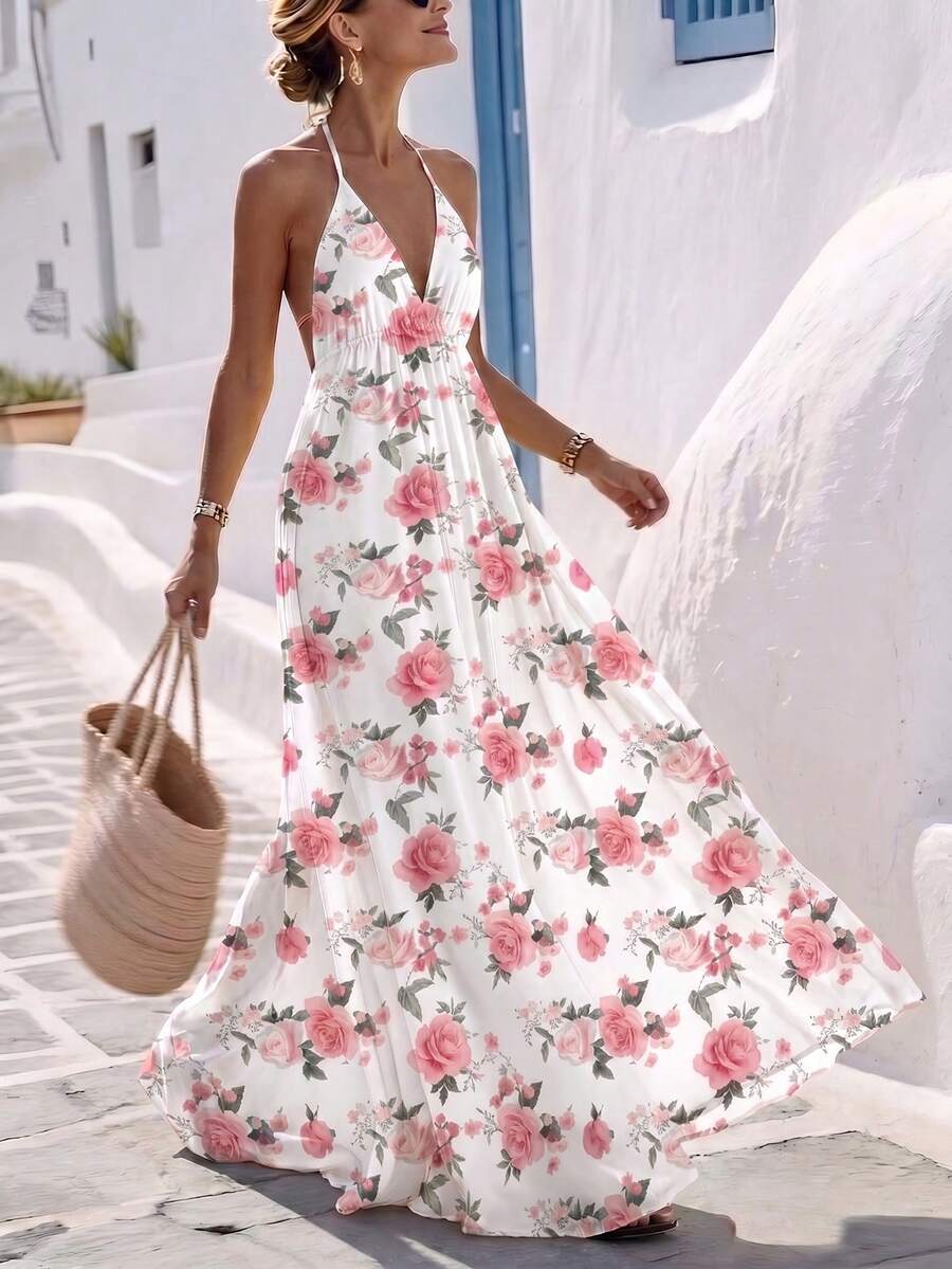 Louniche Đầm nữ kiểu dáng nghỉ hè, in họa tiết, hở lưng, có dây rút. - Nhiều màu - Xem 1