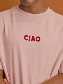 Musero Men Oversized Letter Front Chest Print Short Sleeve T-Shirt Summer Spring Vacation Holiday - Baby Pink - View 6