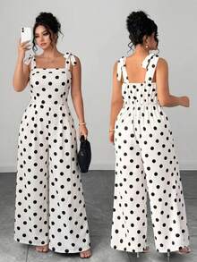 Elenzga Plus Size Women's Elegant Polka Dot Print Tie-Front Jumpsuit, Summer - Black and White - View 9