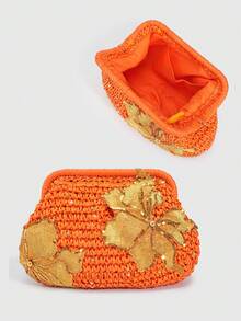 SHECARRY 1個度假風彩色亮片花朵扣餃子包，熱帶海灘手拿包，春夏草編包，時尚鍊條斜背包女款 - 橘色 - 查看 4