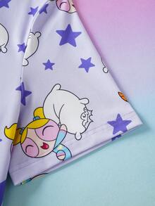 THE POWERPUFF GIRLS X SHEIN Áo ngủ nữ tay ngắn cổ chữ V cài cúc phía trước, kiểu dáng thường ngày, thích hợp cho mùa xuân/hè. - Màu tím - Xem 4