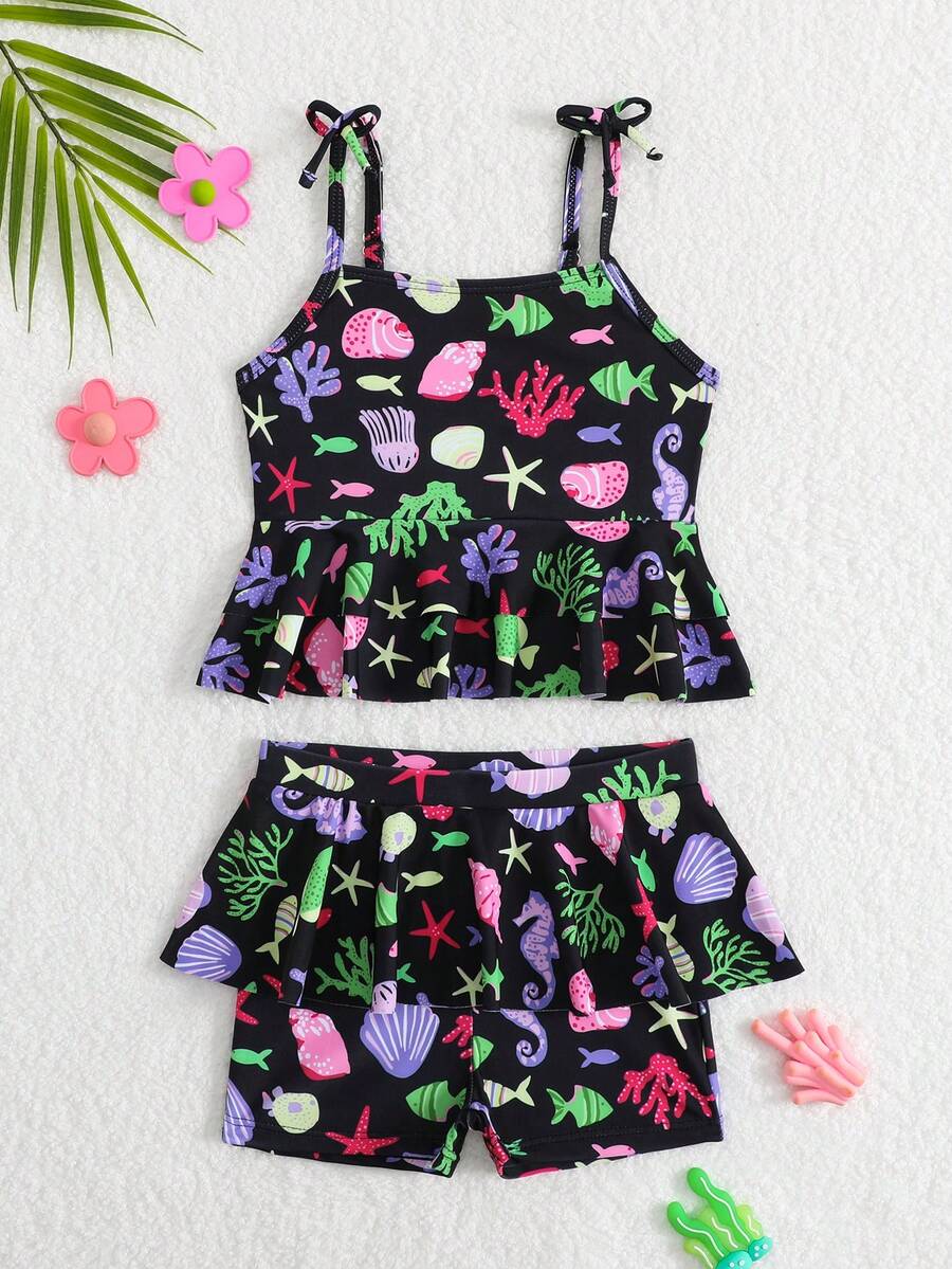 SHEIN Bộ đồ bơi Tankini in họa tiết bãi biển mùa hè cho bé gái và quần đùi bé trai - màu đen - Xem 1