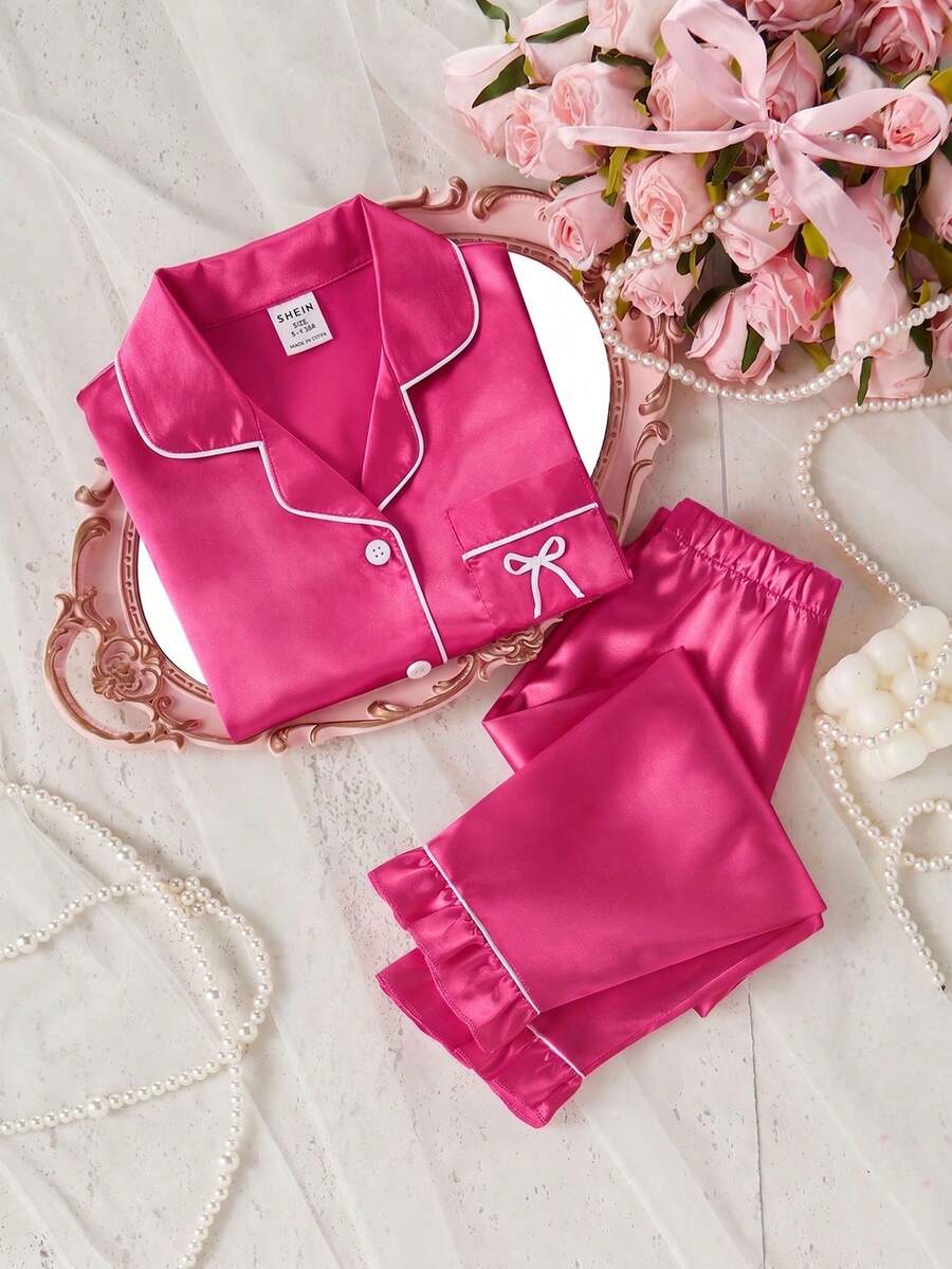 1 Set Baby Girls Hot Pink Satin Pajama Set, Lapel Short Sleeve Top & Ruffle Pants, Summer Cute - Watermelon Pink - View 1