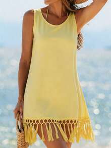Swim Vcay Women's Solid Color Tassel Hem Cover Up Dress, Vacation - Light Yellow - View 5
