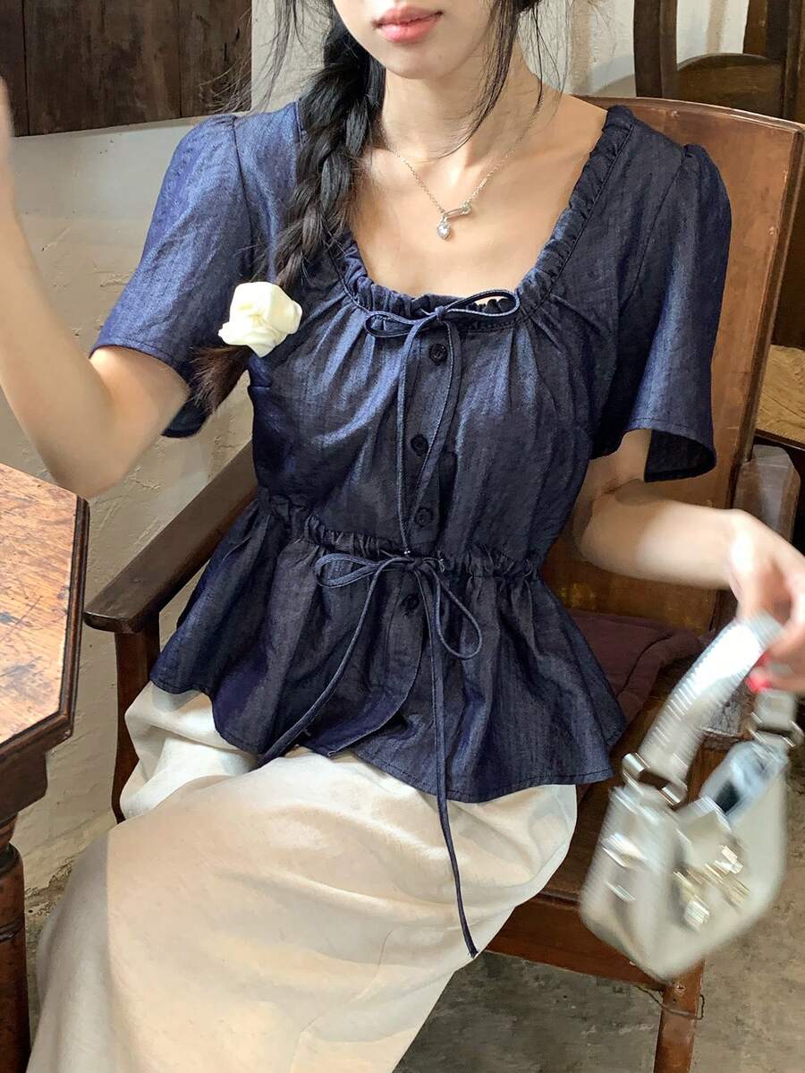 DAZY Áo sơ mi denim tay ngắn buộc dây phía trước dành cho nữ, kiểu dáng thường ngày, thích hợp cho mùa xuân/hè. - Màu xanh lam - Xem 1