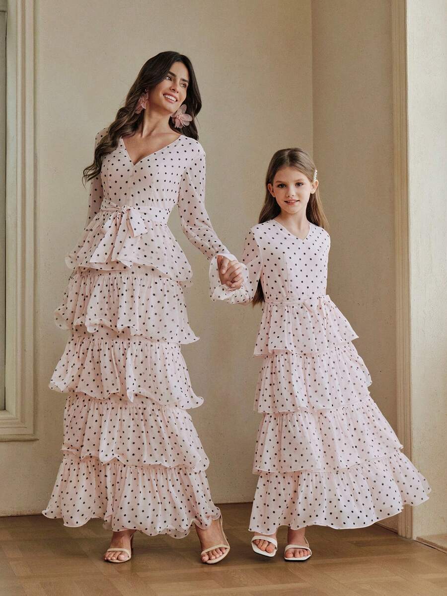 Anewsta Girls' Summer Polka Dot Ruffle Dress With Bow, Pink Long Dress For Big Girls - Pink - View 1