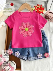 Girls' Casual Creative Floral Embroidered Graphic Tee, Comfortable Daily Wear, Suitable For Spring, Summer And Autumn - Hot Pink - View 4