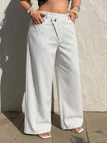 Sunnyshic Asymmetrical Waist Casual Vacation Striped Denim Pants - Black and White - View 3